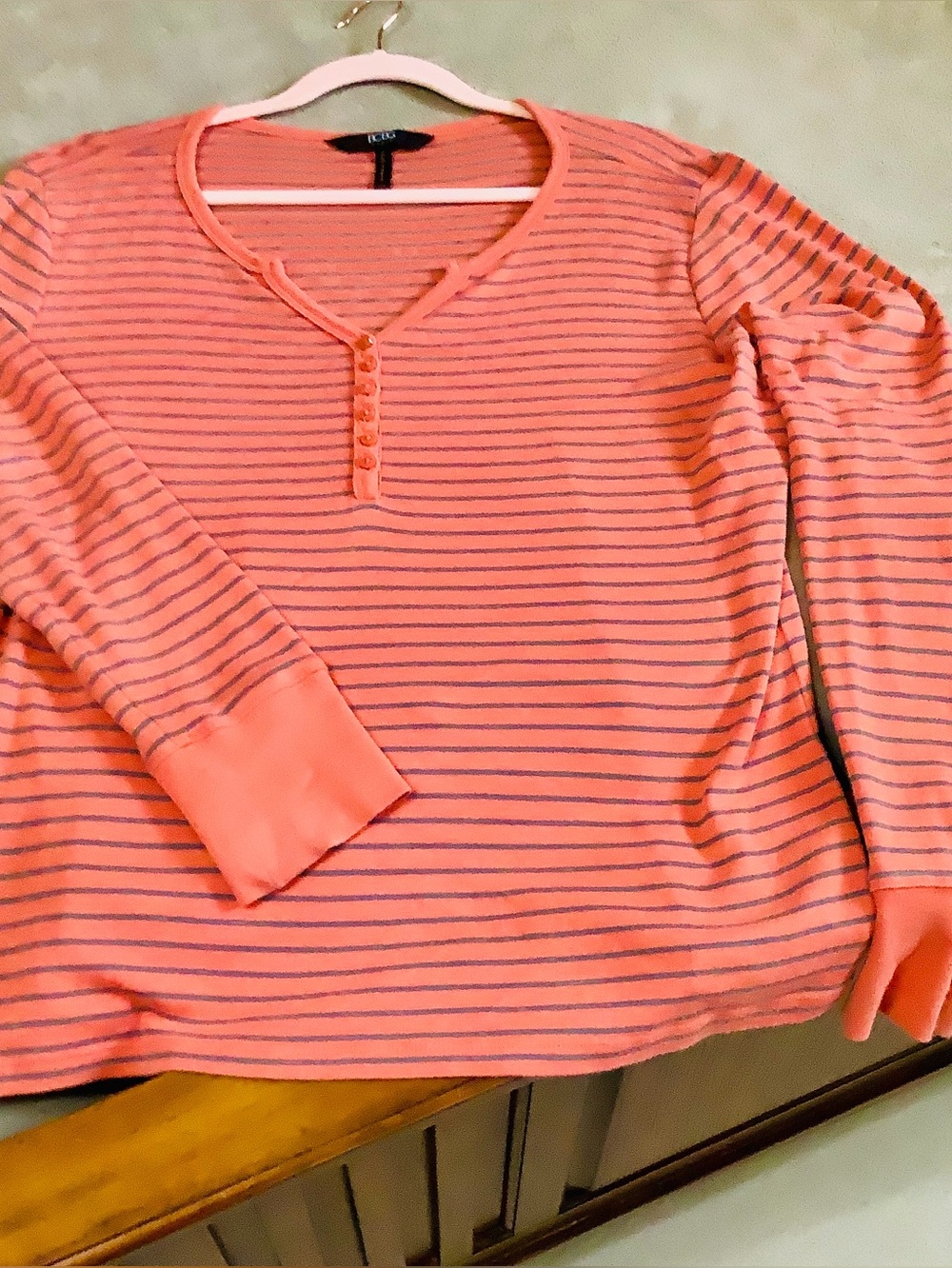 L.L. Bean Coral Pink and Gray Striped Henley Long Sleeve Top